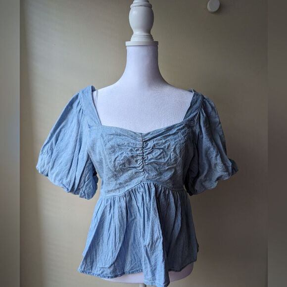 Old Navy Tops - Old Navy Chambray Puff-Sleeve Waist-Defined Top Medium